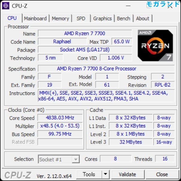 Ryzen 7 7700のCPU-Z